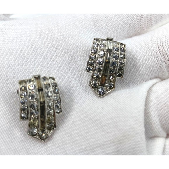 Vintage Art Deco Rhinestone  Clip On Earrings Pat Pending Silver Metal Signed - Picture 1 of 9